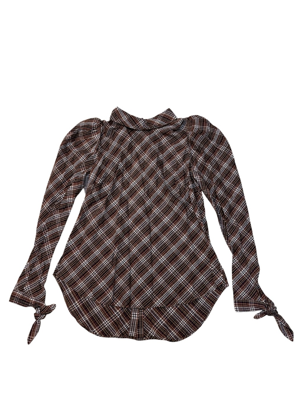 Veronica Beard Isabel Top Reversed Brown Plaid Puffy Sleeve Button Blouse 4 NWT